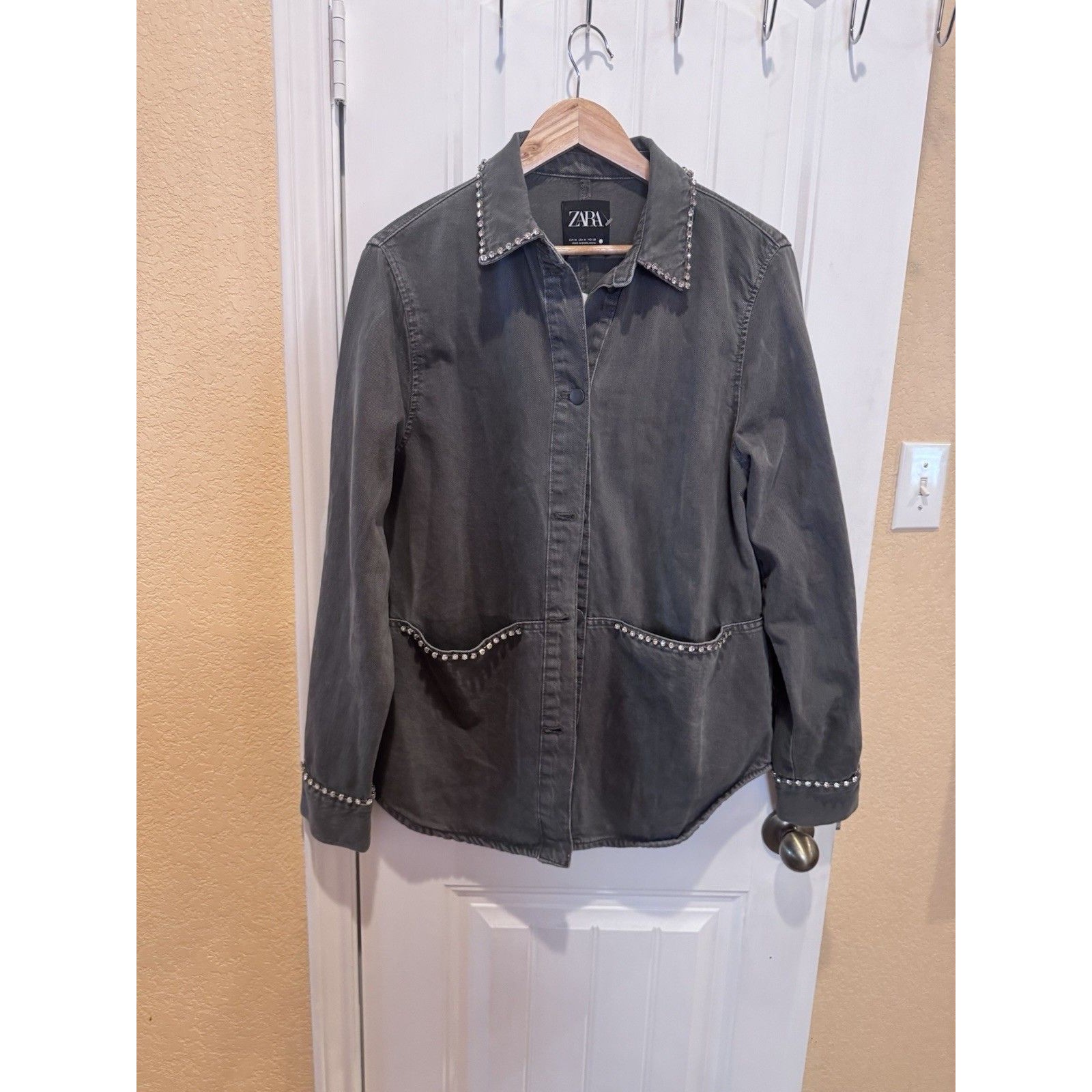 Zara Washed Gray Denim Look Bejeweled Trims Buttons Up Cardigan Jacket Size M